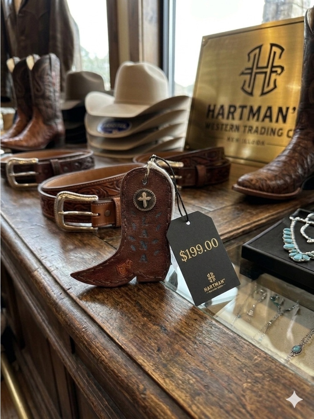 Vintage Western Hand-Tooled Leather Cowboy Boot Keychain - "LANA" Custom Detail